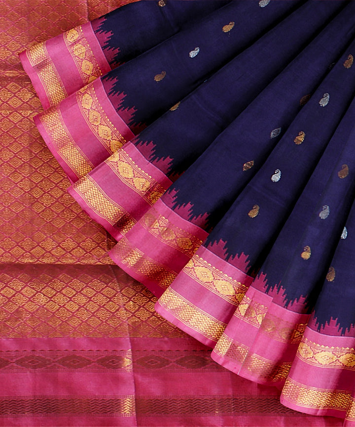 Navy blue pink handwoven gadwal silk saree