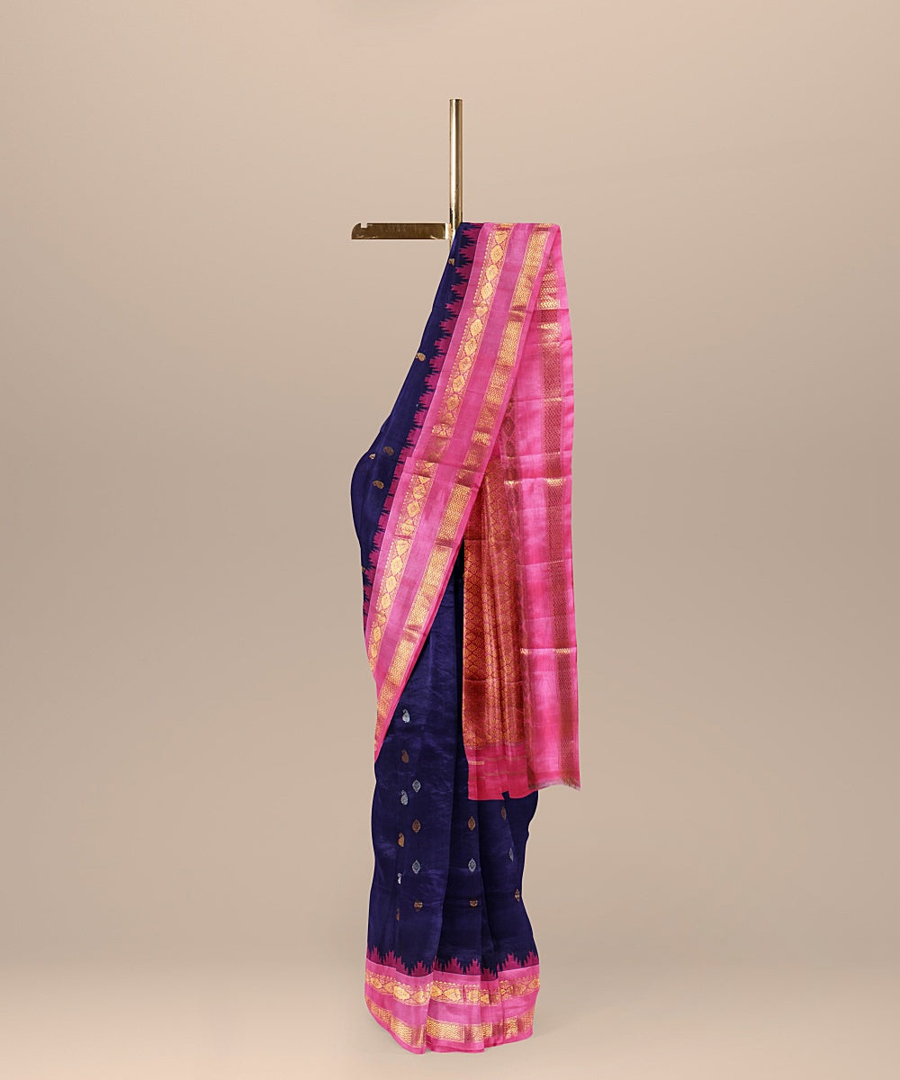 Navy blue pink handwoven gadwal silk saree