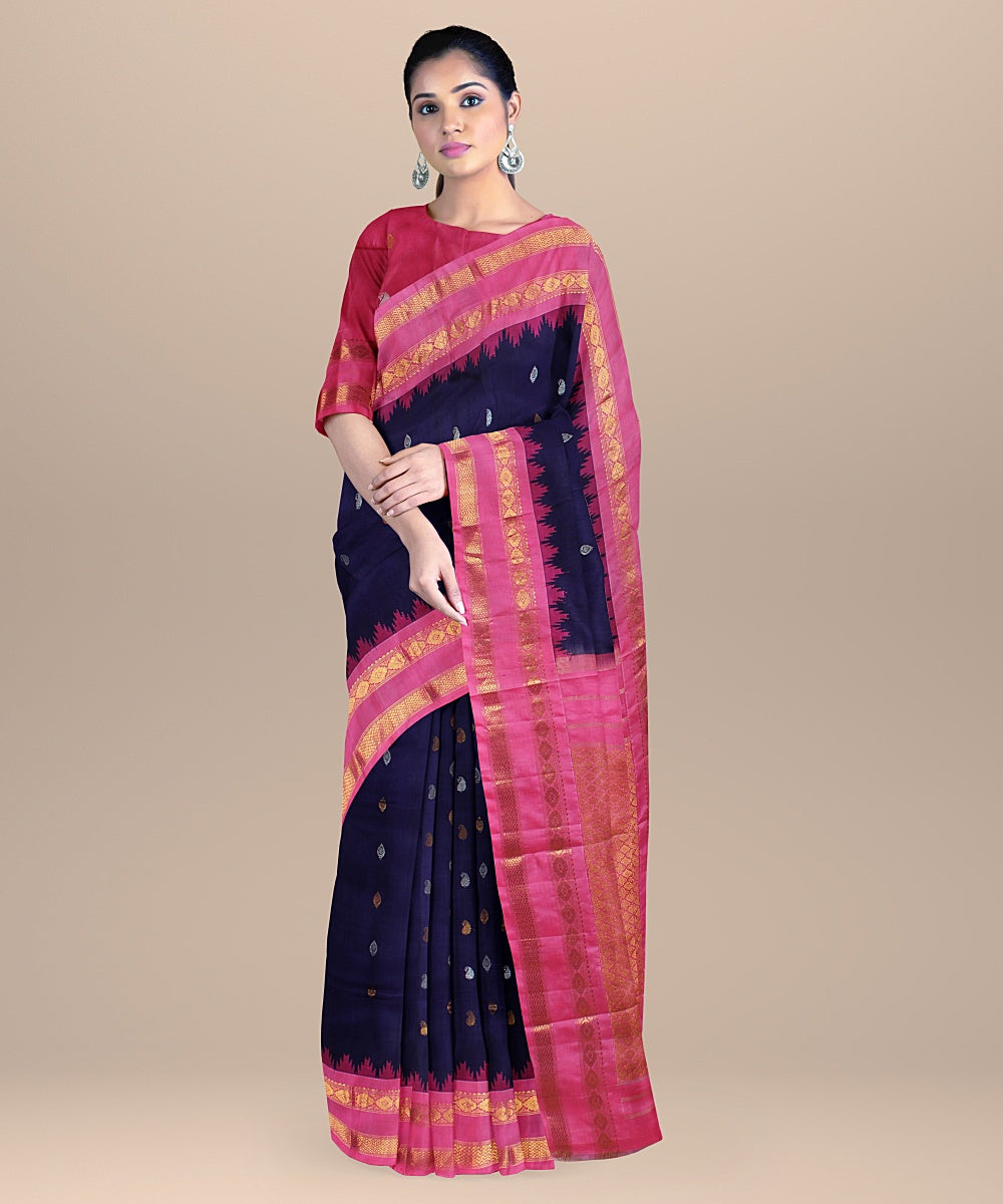 Navy blue pink handwoven gadwal silk saree