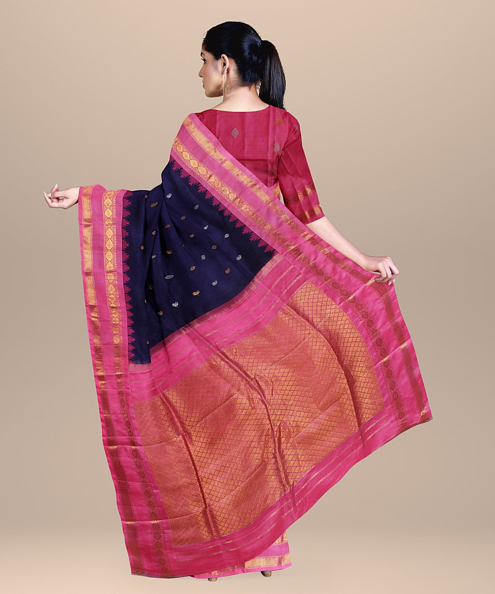 Navy blue pink handwoven gadwal silk saree