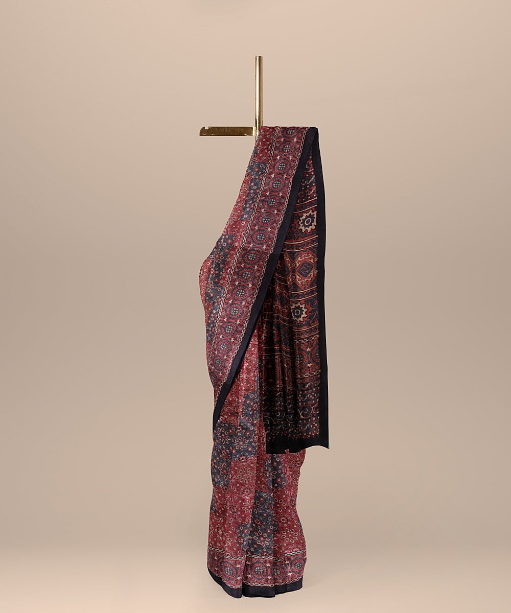 Multicolor hand printed ajrakh gajji silk saree