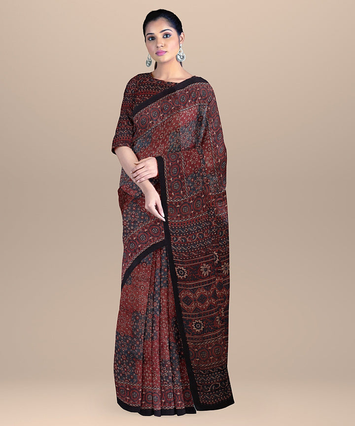 Multicolor hand printed ajrakh gajji silk saree