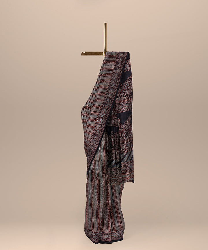 Multicolor handwoven ajrakh silk saree