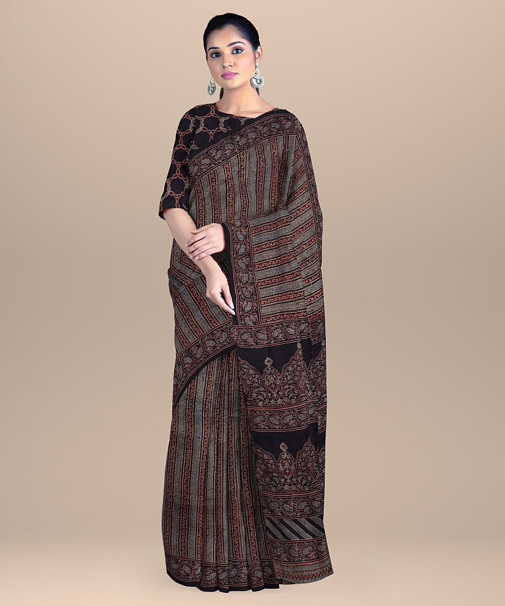 Multicolor handwoven ajrakh silk saree