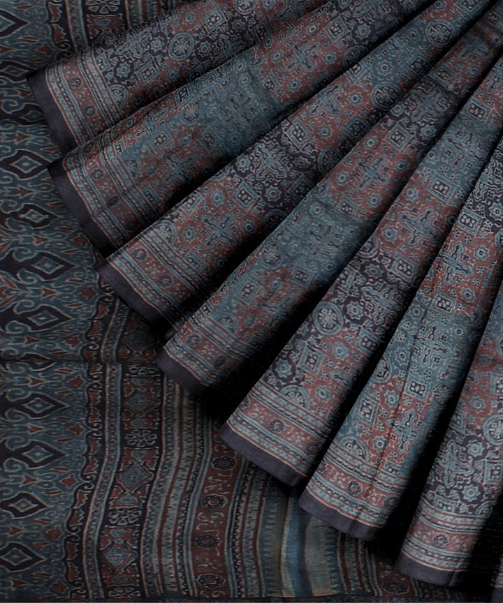 Multicolor handprinted ajrakh tussar silk saree