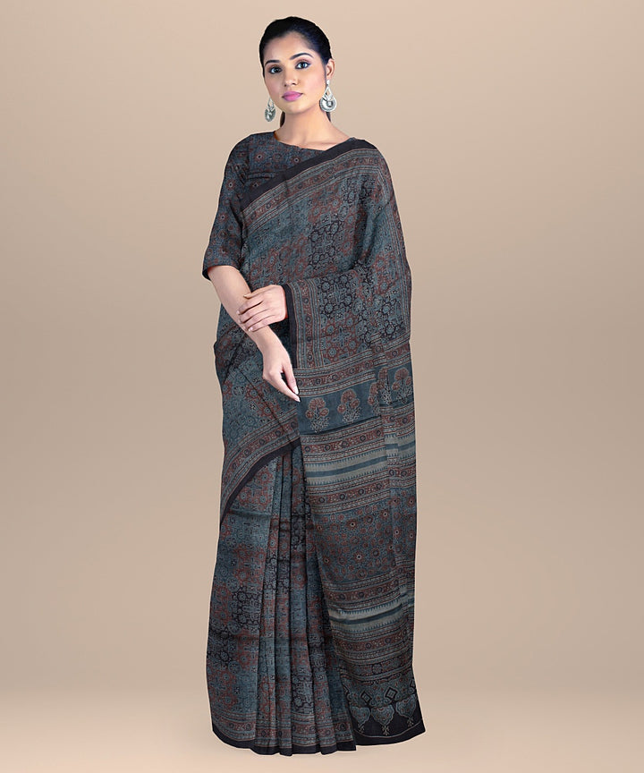 Multicolor handprinted ajrakh tussar silk saree
