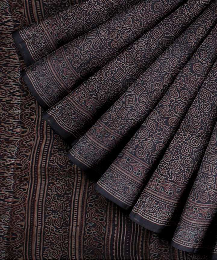 Brown multicolor handwoven ajrakh tussar silk saree