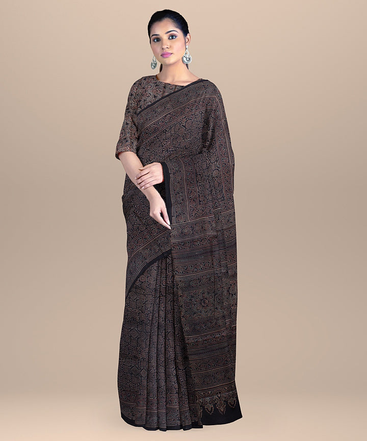 Brown multicolor handwoven ajrakh tussar silk saree