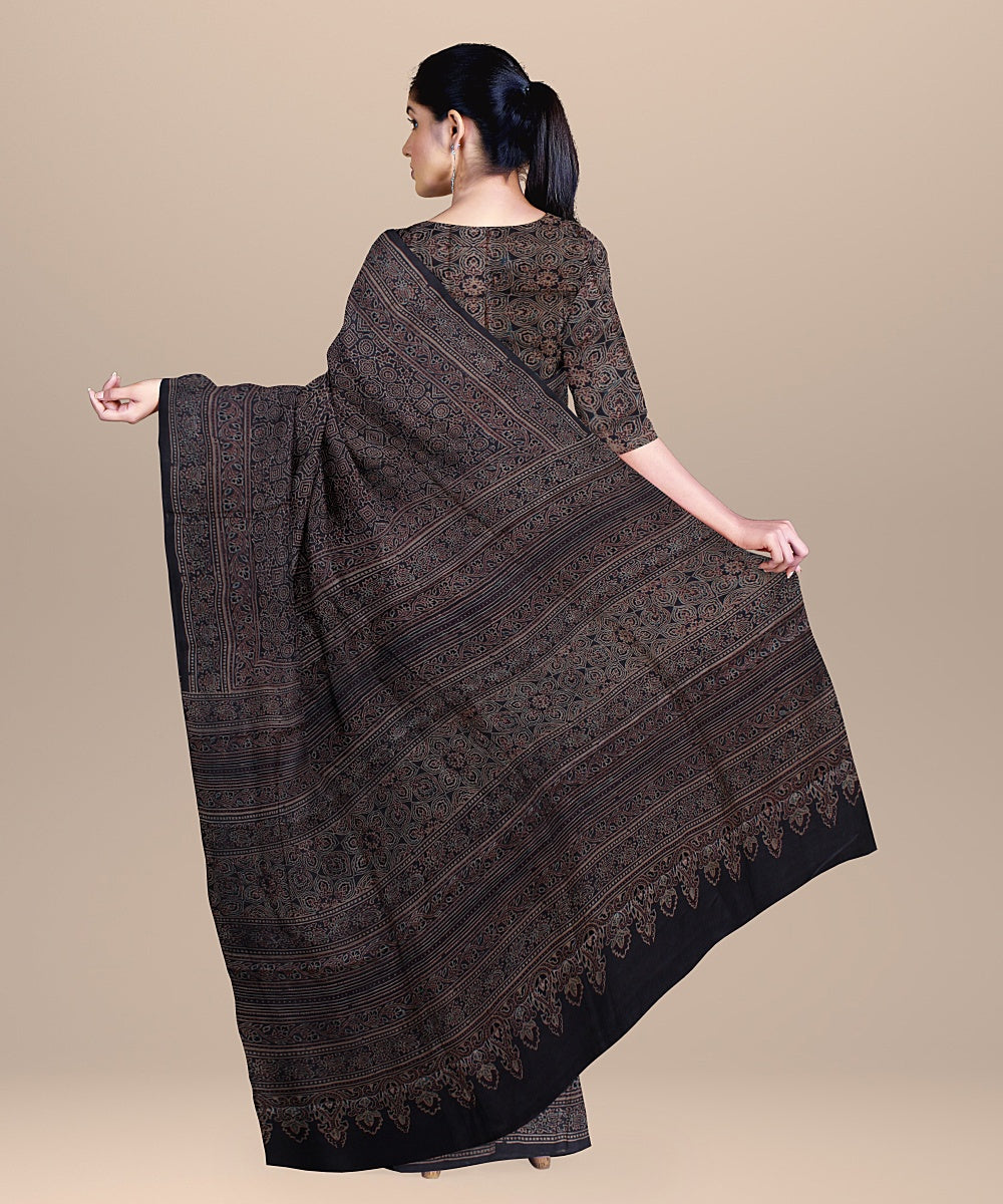 Brown multicolor handwoven ajrakh tussar silk saree