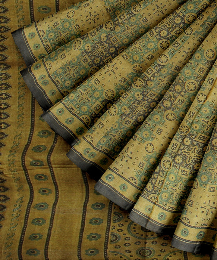 Multicolor handwoven ajrakh tussar silk saree