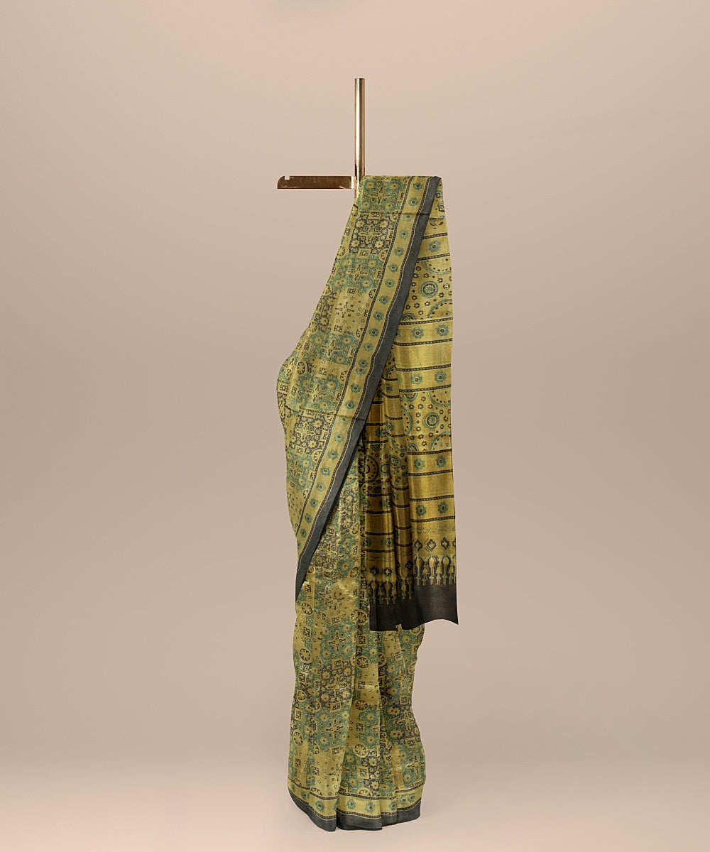 Multicolor handwoven ajrakh tussar silk saree