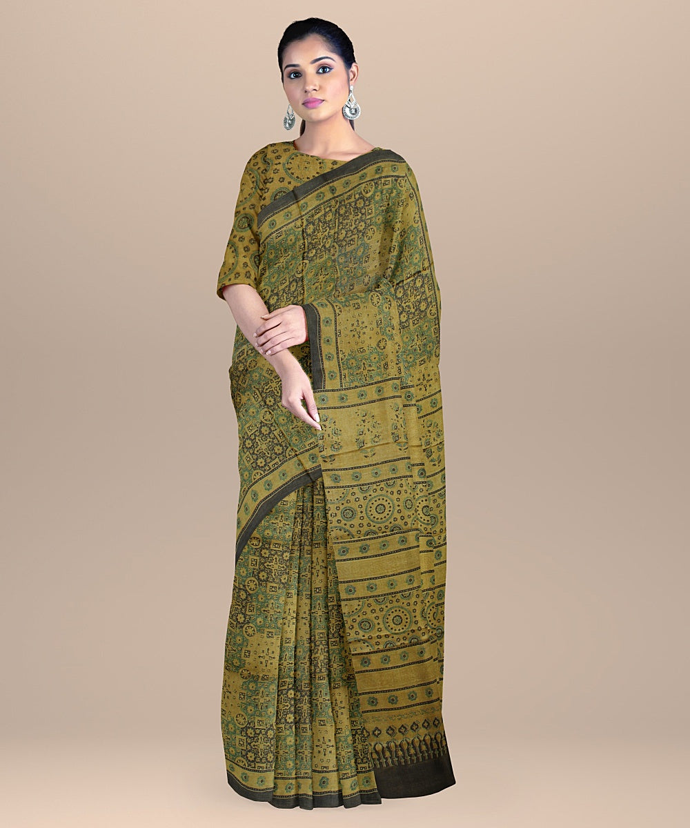 Multicolor handwoven ajrakh tussar silk saree