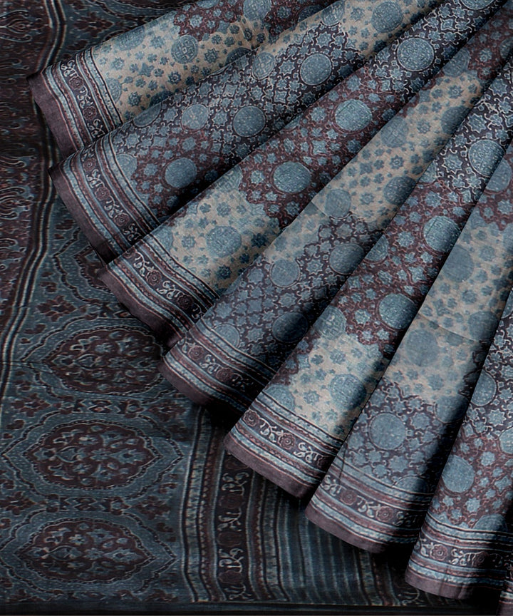 Multicolor handwoven tussar silk ajrakh saree