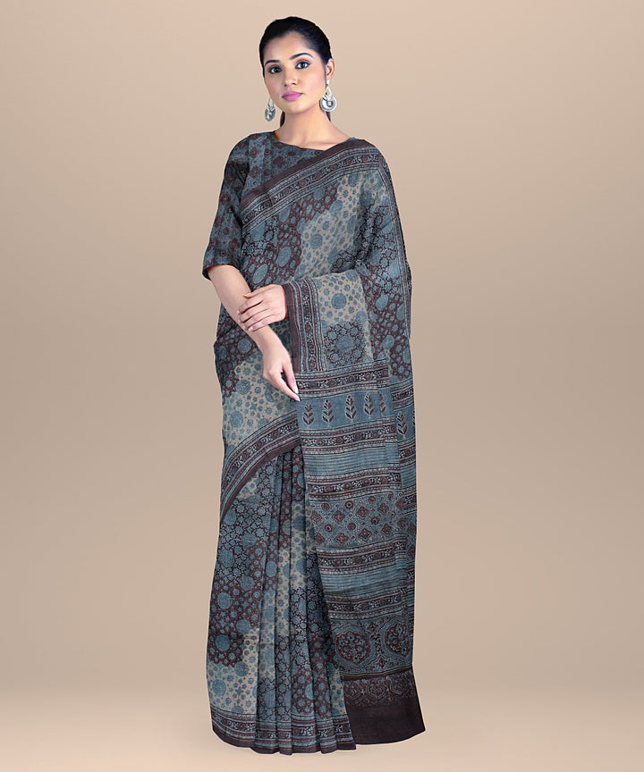 Multicolor handwoven tussar silk ajrakh saree