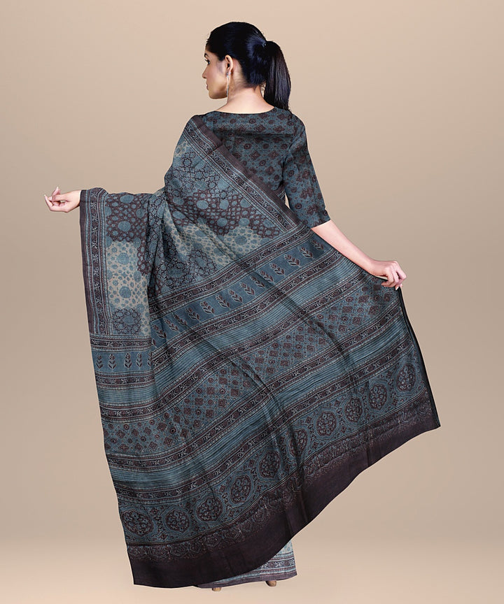 Multicolor handwoven tussar silk ajrakh saree