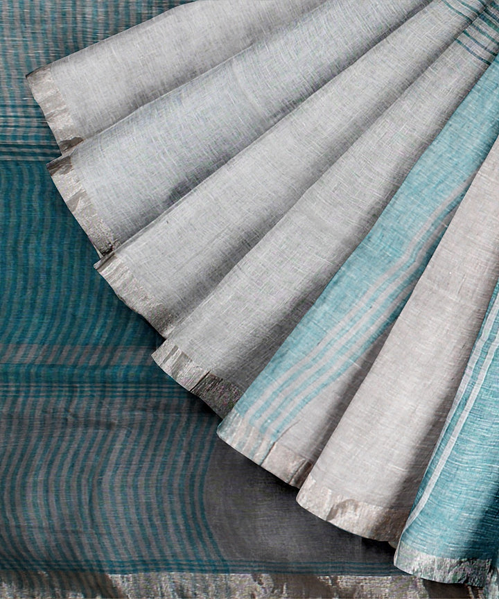 Cyan blue white handwoven linen saree