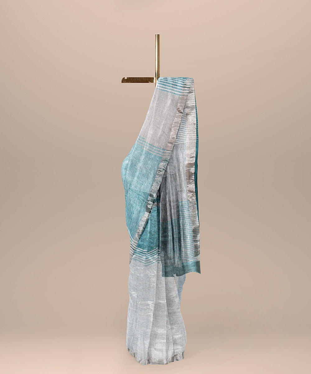 Cyan blue white handwoven linen saree