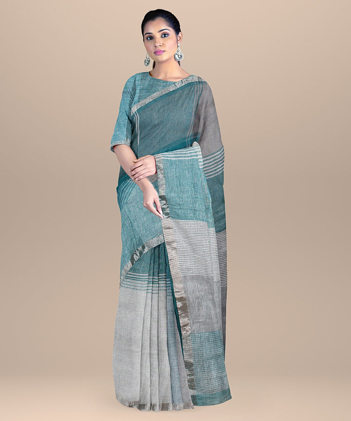 Cyan blue white handwoven linen saree