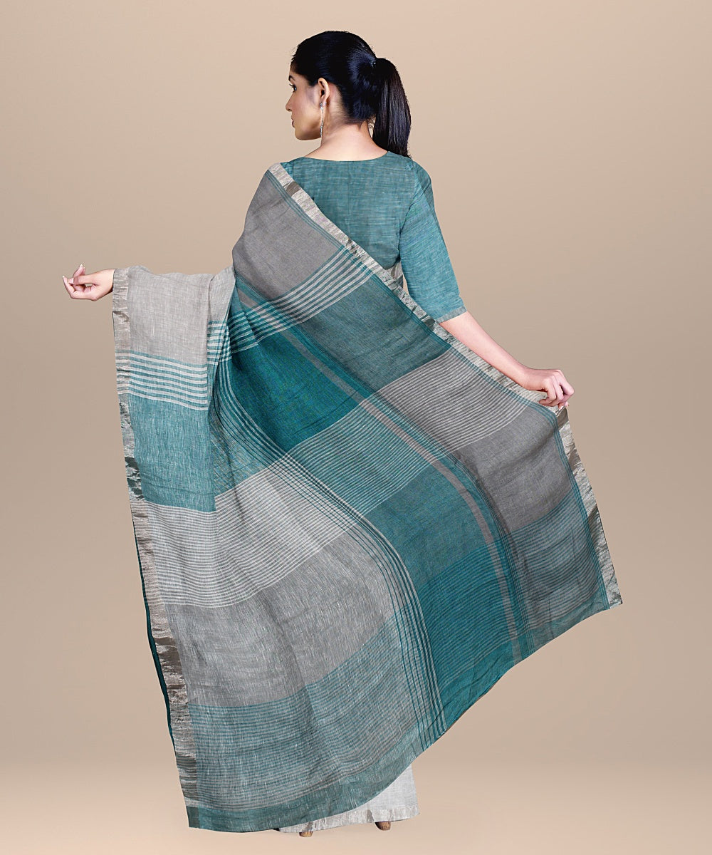 Cyan blue white handwoven linen saree