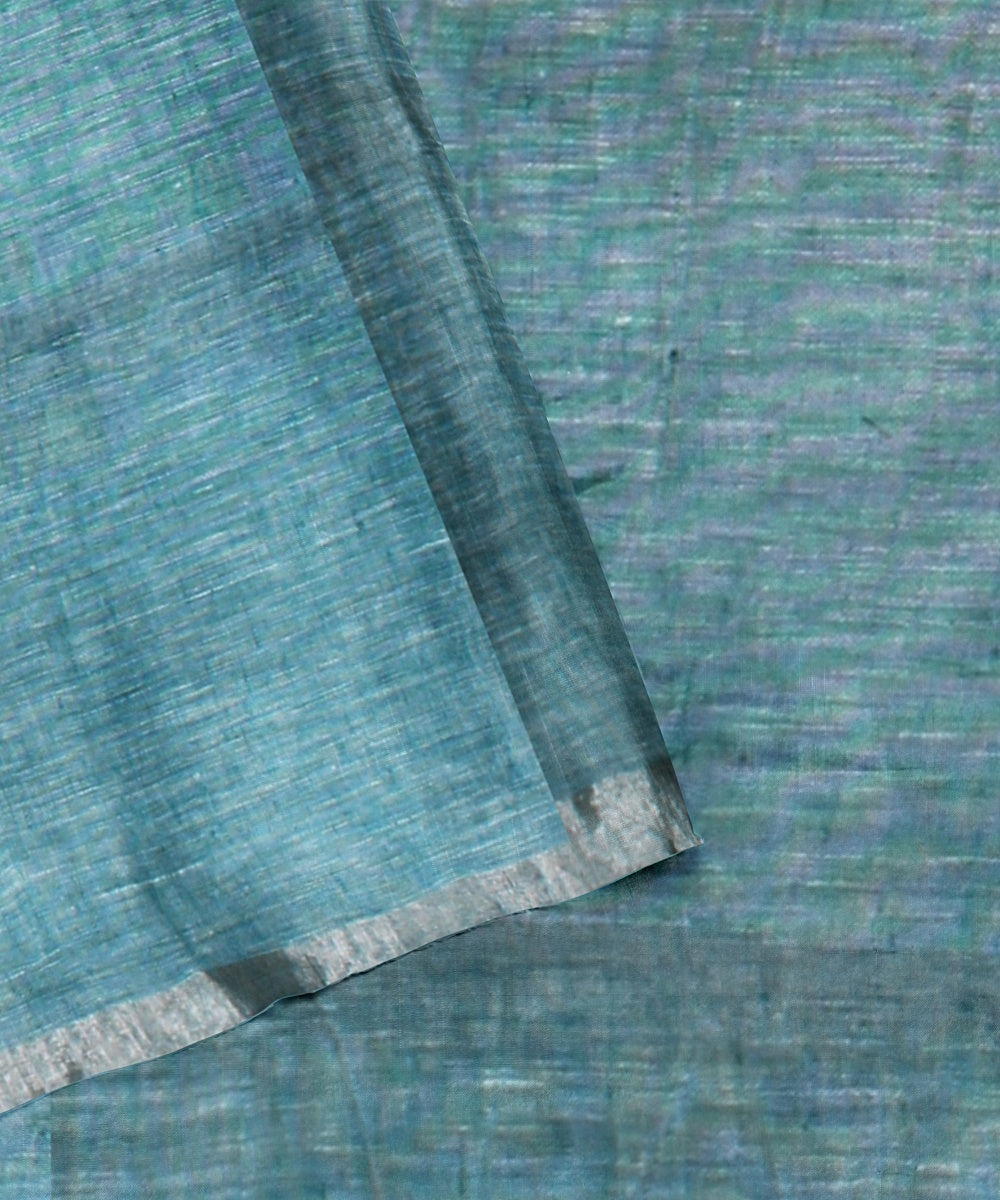 Cyan blue white handwoven linen saree