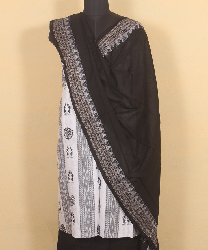 Offwhite black cotton handwoven sambalpuri dress material