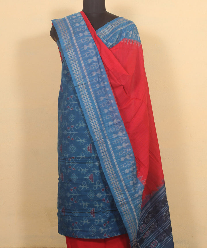 Sky blue red handwoven cotton sambalpuri dress material