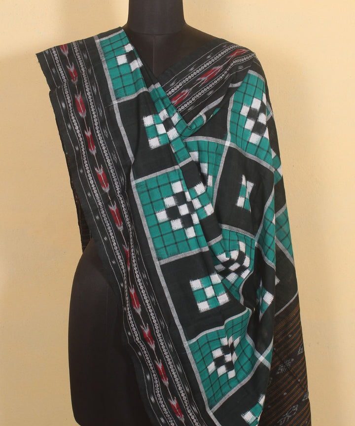 Dark green white black handwoven cotton sambalpuri dupatta