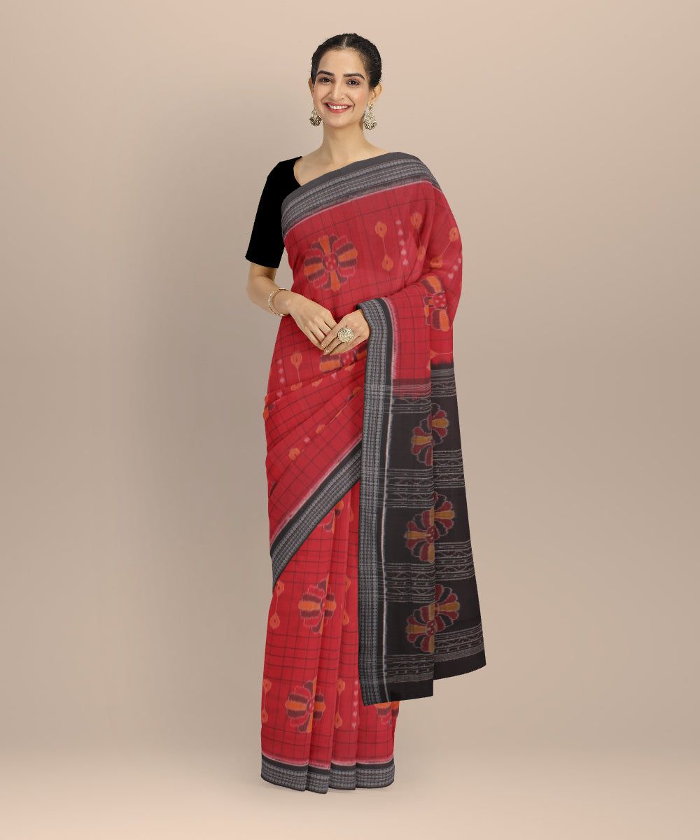 Red black cotton handloom baghambari sambalpuri saree