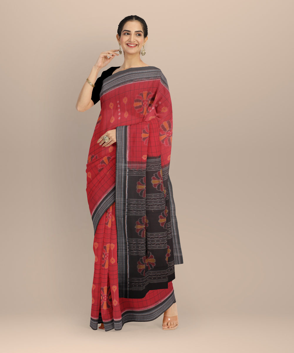 Red black cotton handloom baghambari sambalpuri saree