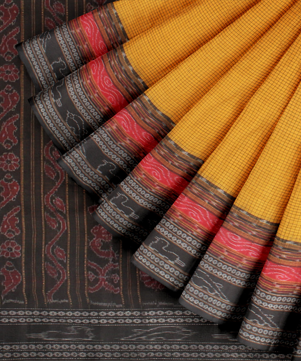 Yellow black cotton handloom sambalpuri saree
