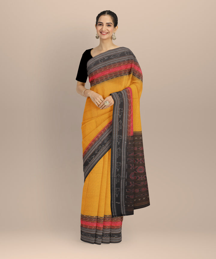 Yellow black cotton handloom sambalpuri saree