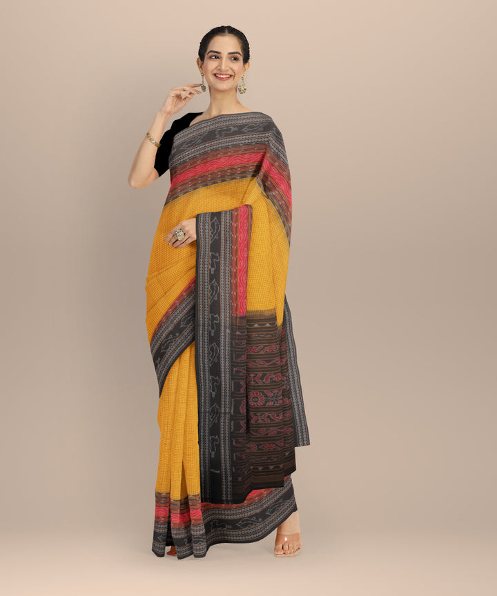 Yellow black cotton handloom sambalpuri saree