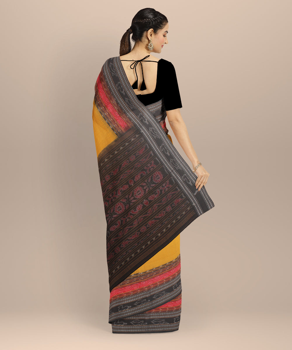 Yellow black cotton handloom sambalpuri saree