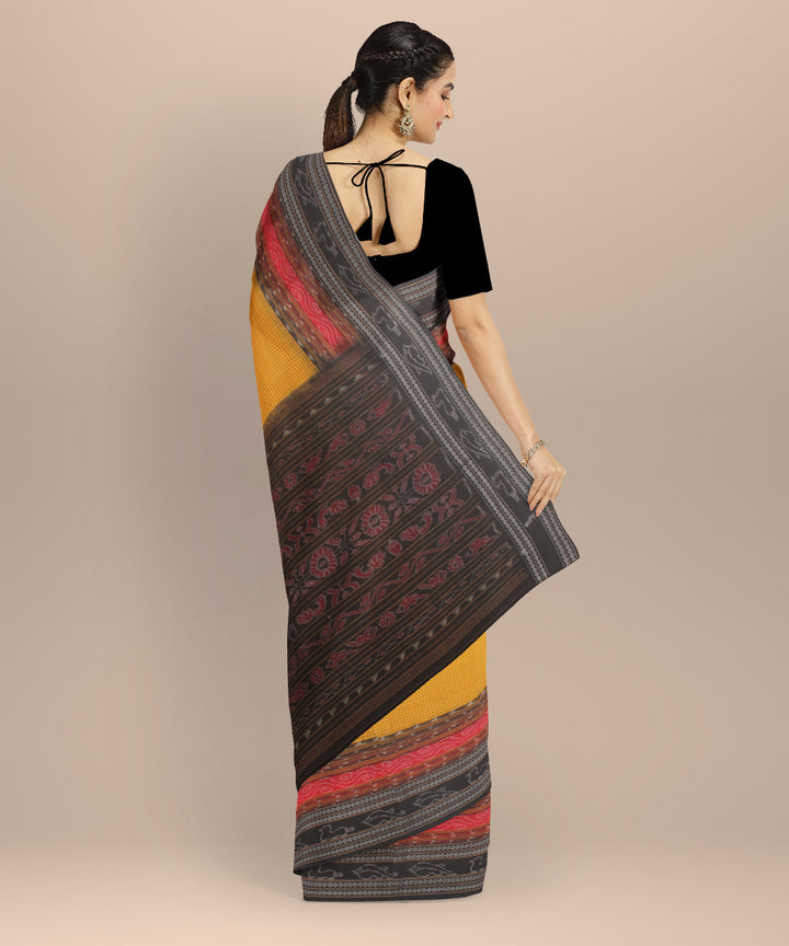 Yellow black cotton handloom sambalpuri saree