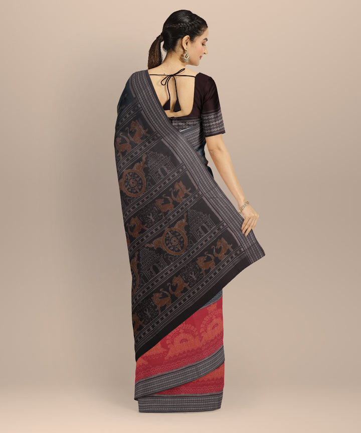 Teal blue coffee cotton handloom sambalpuri saree