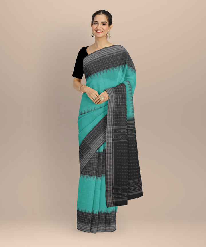 Cyan blue black cotton handloom sambalpuri saree