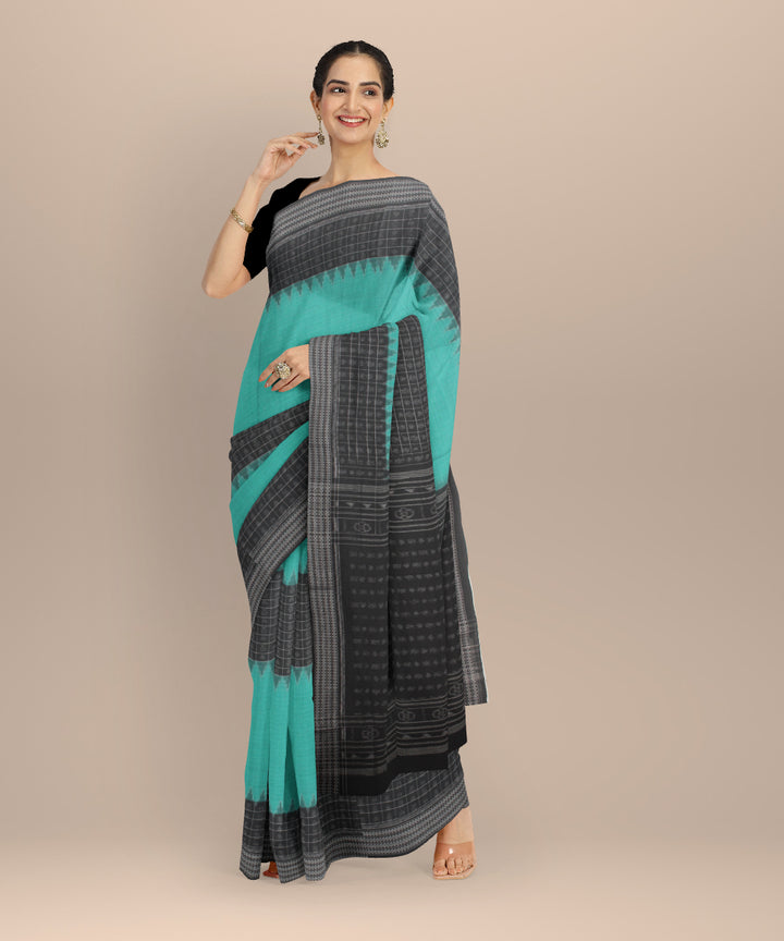 Cyan blue black cotton handloom sambalpuri saree