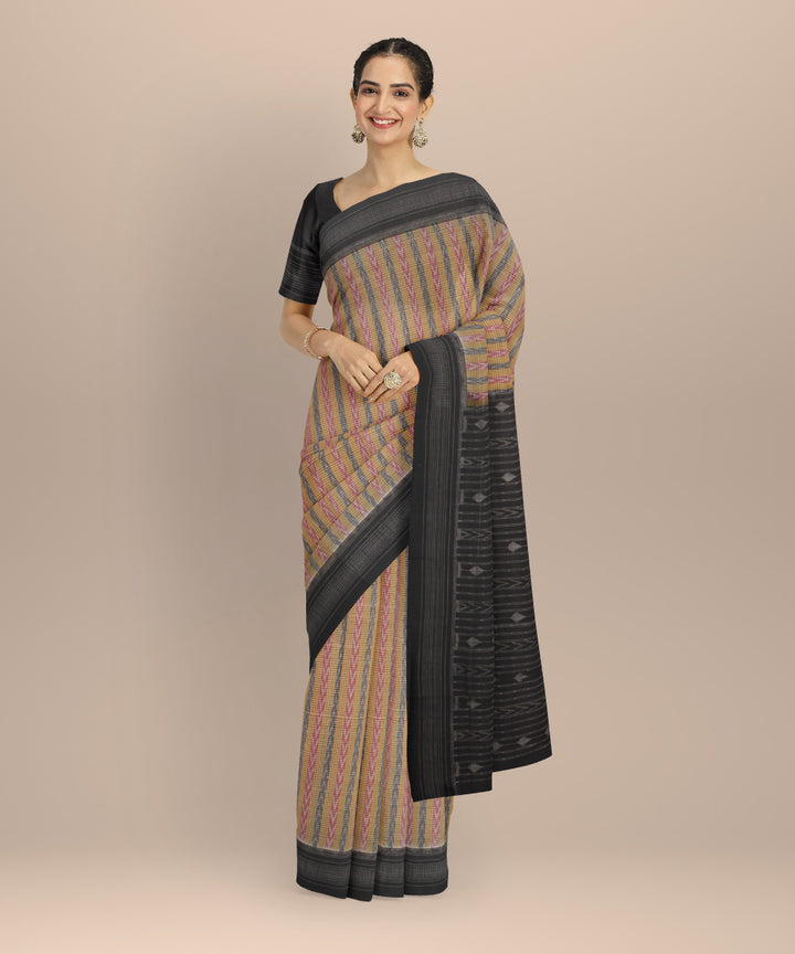 Beige black cotton handloom sambalpuri saree
