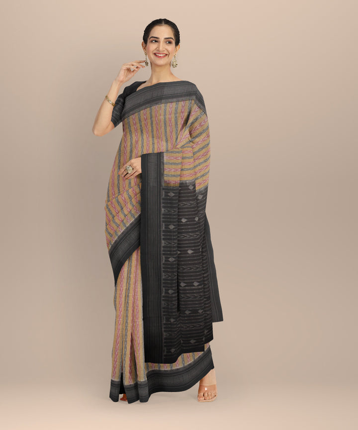 Beige black cotton handloom sambalpuri saree