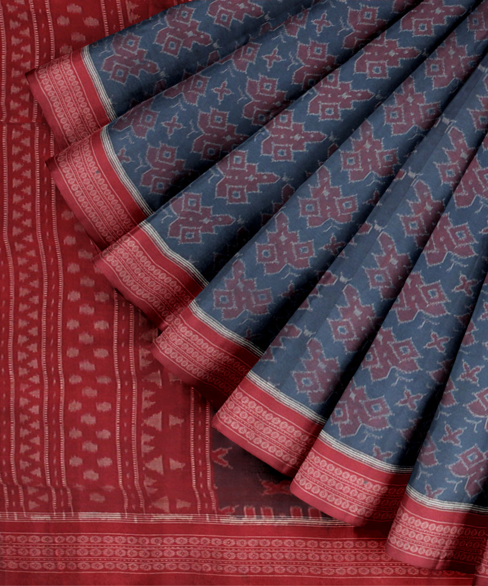 Sky blue red cotton handloom sambalpuri saree