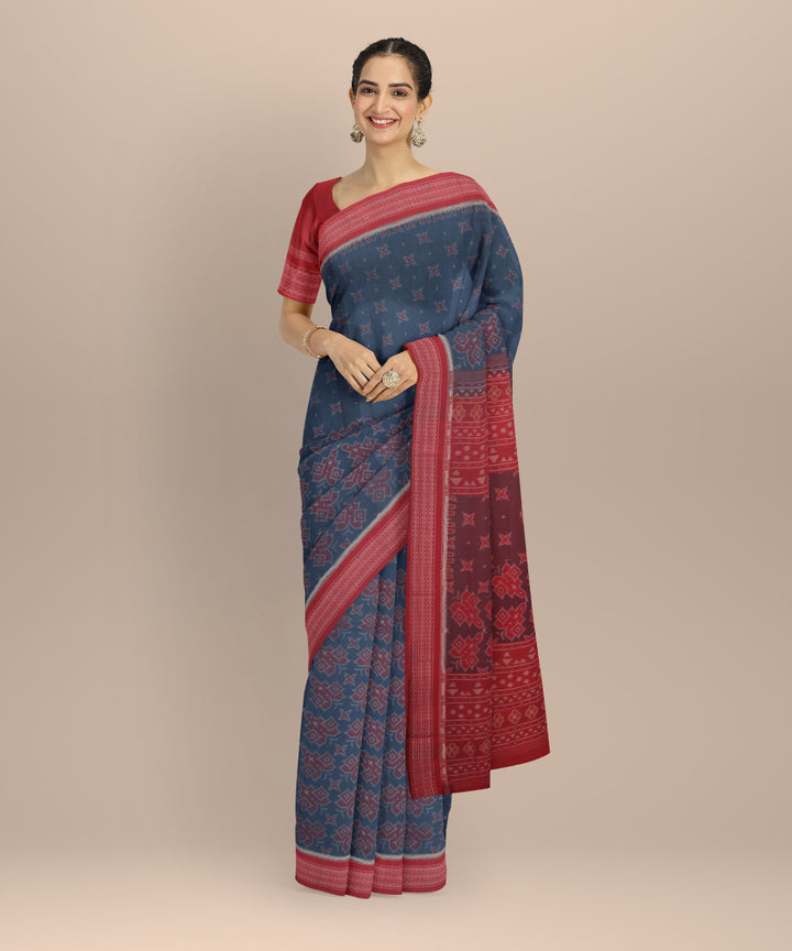 Sky blue red cotton handloom sambalpuri saree