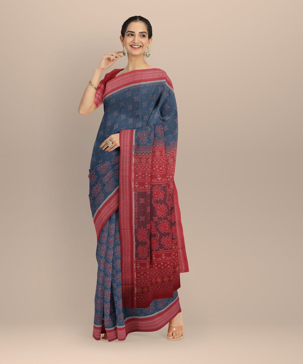 Sky blue red cotton handloom sambalpuri saree