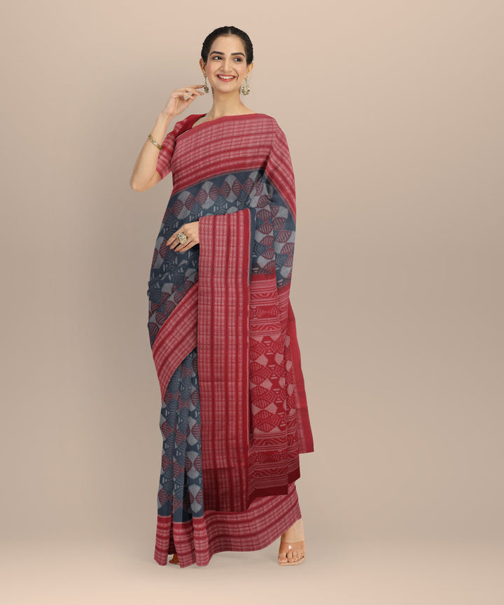 Teal blue red cotton handloom sambalpuri saree