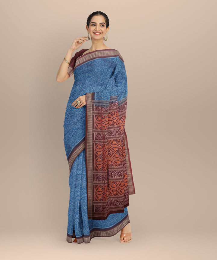 Sky blue maroon silk handloom sambalpuri saree