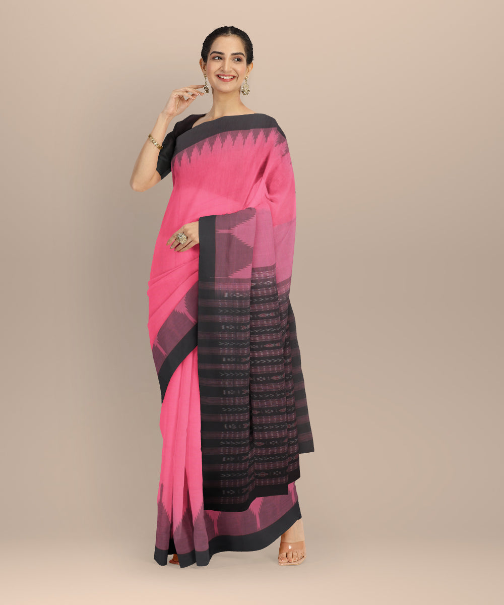 Pink black handloom cotton sambalpuri saree