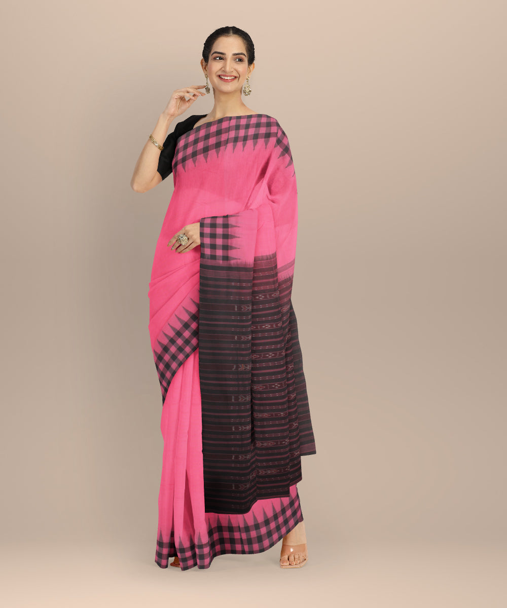 Pink black cotton handloom sambalpuri saree