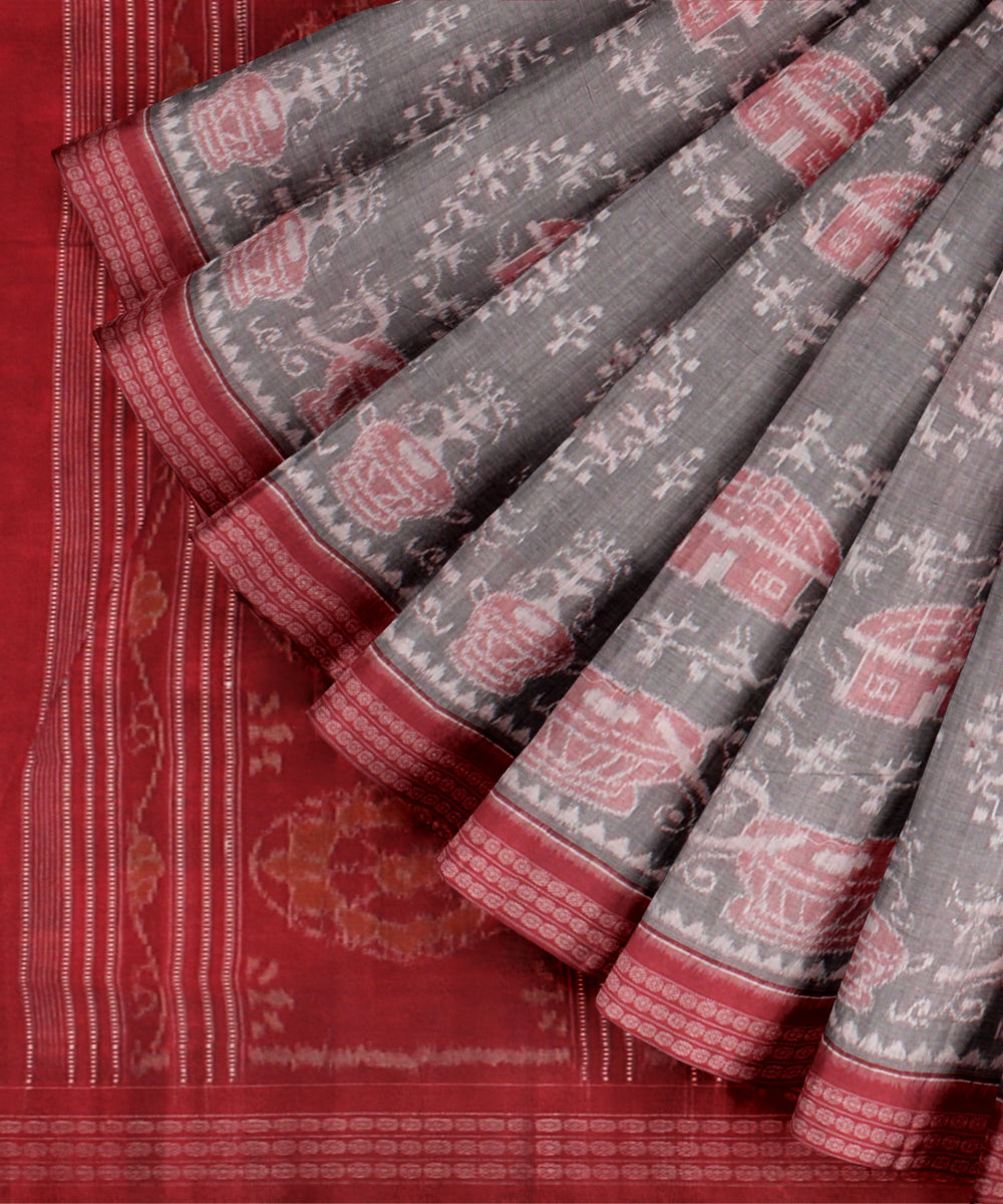 Grey red cotton sambalpuri handloom saree