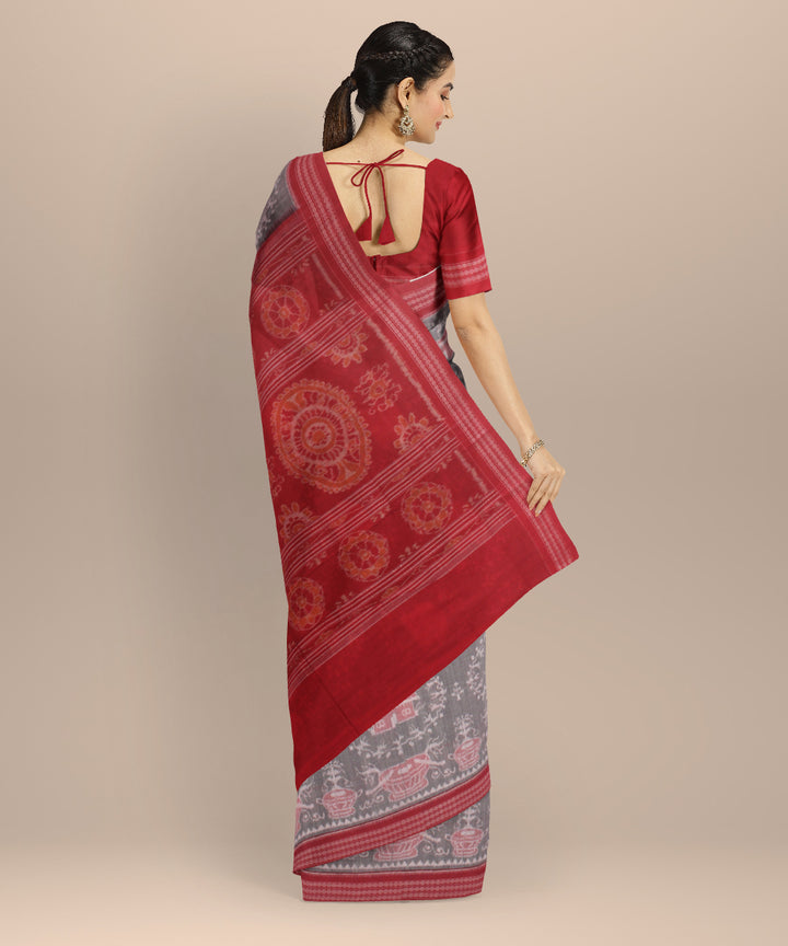 Grey red cotton sambalpuri handloom saree