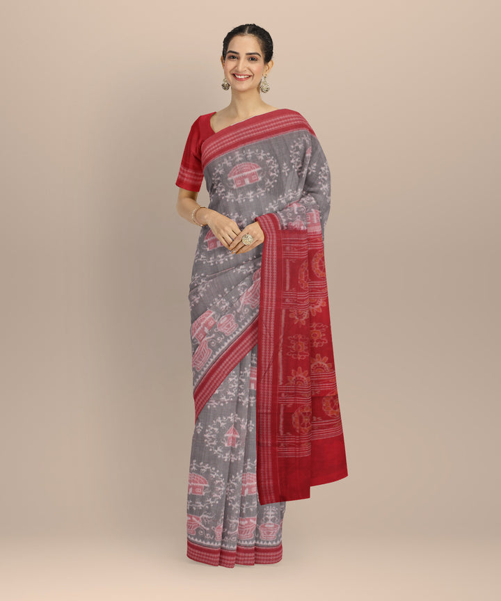 Grey red cotton sambalpuri handloom saree