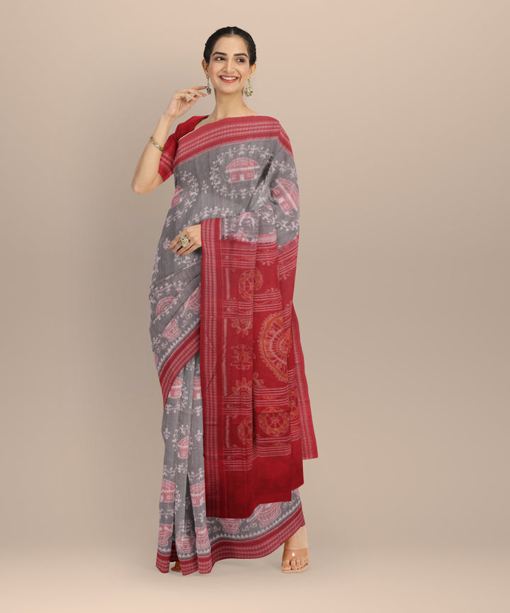 Grey red cotton sambalpuri handloom saree